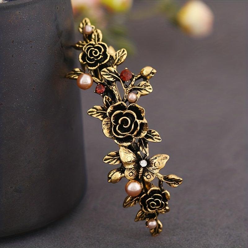 Vintage Metal Flower Hair Clip French Barrette with Faux Pearls
