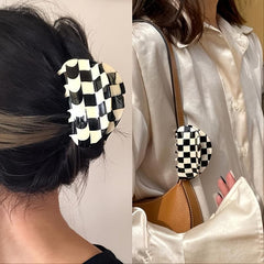 Checkered Hair Claw Clips Vintage Lattice Print Barrettes Strong Hold Clamp