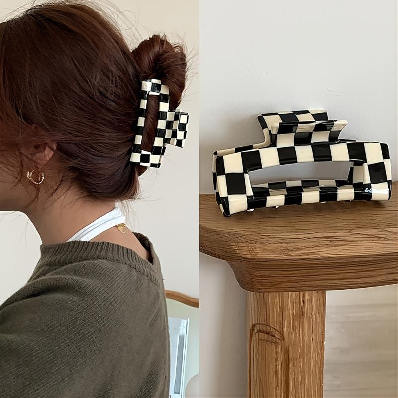 Checkered Hair Claw Clips Vintage Lattice Print Barrettes Strong Hold Clamp