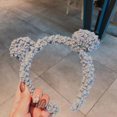 Women Girls Winter Bear Ears Headband Solid Curly Faux Fleece Pompom Hair Hoop
