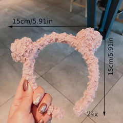 Women Girls Winter Bear Ears Headband Solid Curly Faux Fleece Pompom Hair Hoop