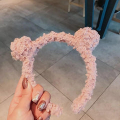 Women Girls Winter Bear Ears Headband Solid Curly Faux Fleece Pompom Hair Hoop