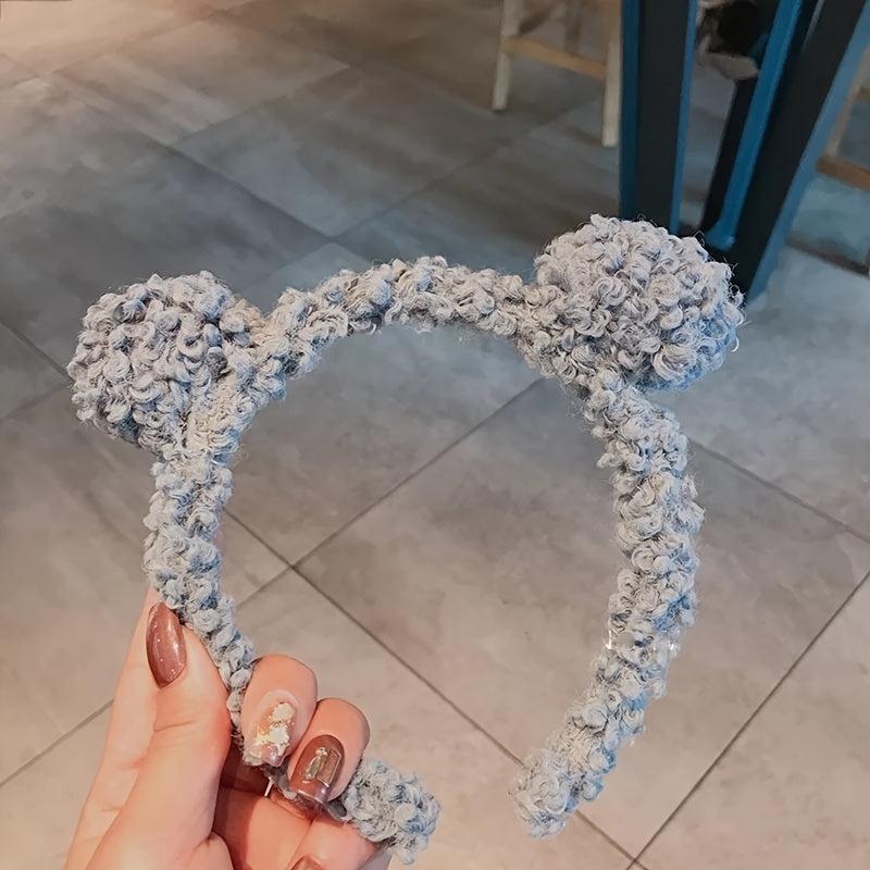 Women Girls Winter Bear Ears Headband Solid Curly Faux Fleece Pompom Hair Hoop