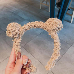 Women Girls Winter Bear Ears Headband Solid Curly Faux Fleece Pompom Hair Hoop