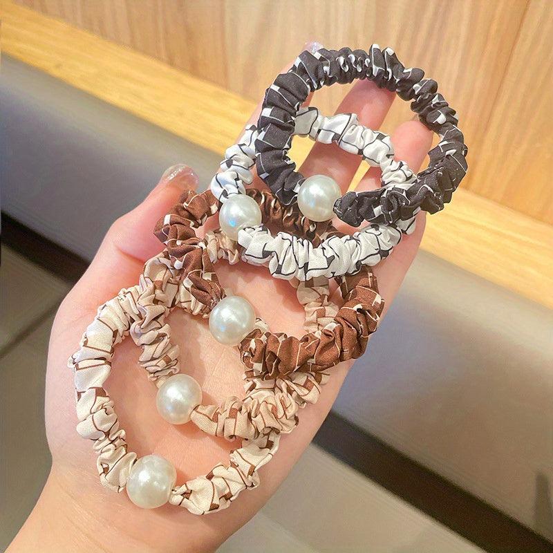 5pcs Floral Faux Pearl Fabric Scrunchie Hair Tie Girls Hair Rope Head Decoration