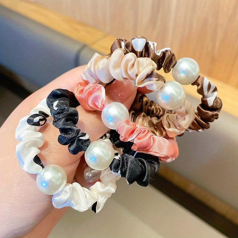 5pcs Floral Faux Pearl Fabric Scrunchie Hair Tie Girls Hair Rope Head Decoration