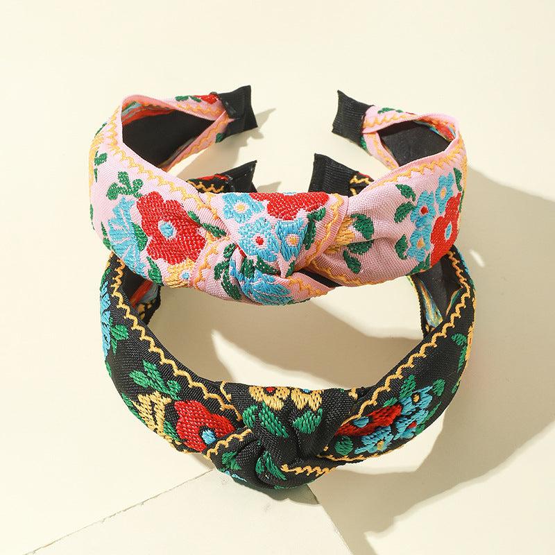 Embroidery Knotted Flower Hairband Boho Headband for Women Girls