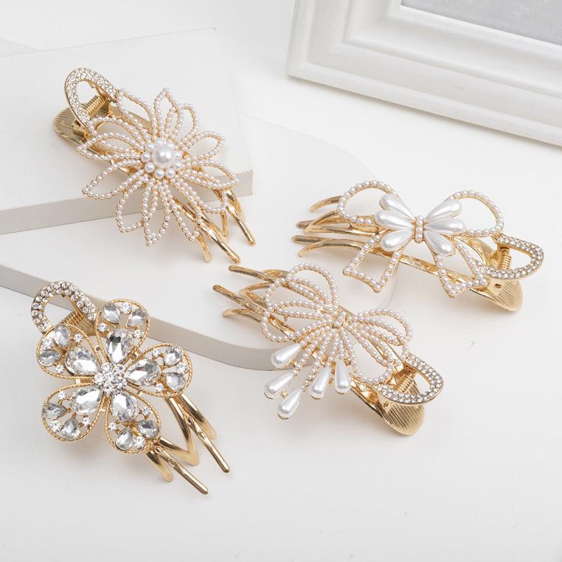 Flower Duckbill Clip Faux Pearl Hair Barrette Crystal Ponytail Hair Pins