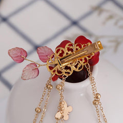 Red Floral Hair Clips Crystal Tassel Hairpin Festive Accessories
