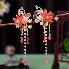 Red Floral Hair Clips Crystal Tassel Hairpin Festive Accessories