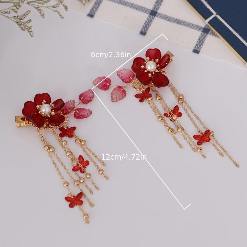 Red Floral Hair Clips Crystal Tassel Hairpin Festive Accessories
