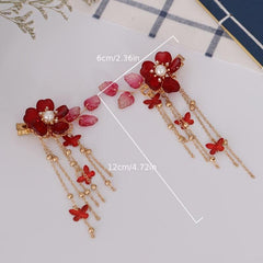 Red Floral Hair Clips Crystal Tassel Hairpin Festive Accessories