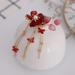 Red Floral Hair Clips Crystal Tassel Hairpin Festive Accessories