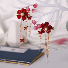 Red Floral Hair Clips Crystal Tassel Hairpin Festive Accessories