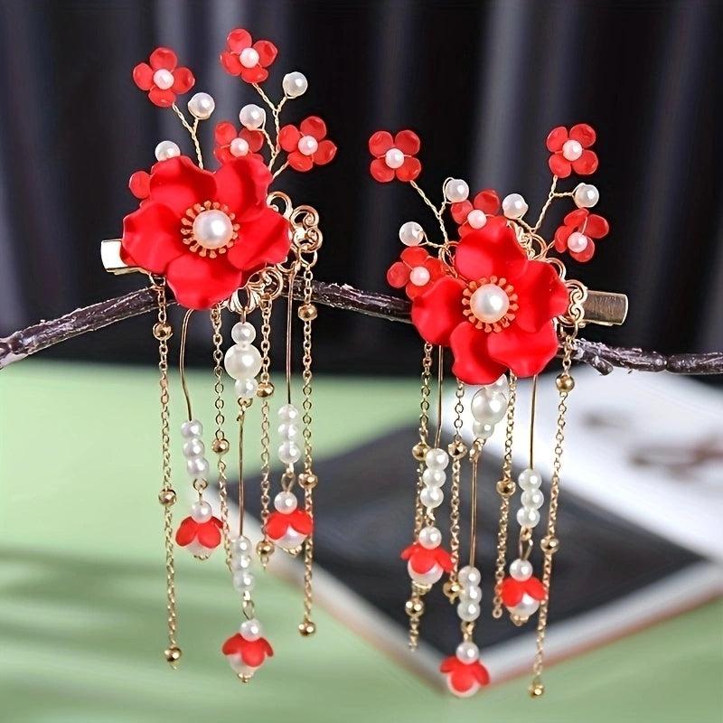 Red Floral Hair Clips Crystal Tassel Hairpin Festive Accessories