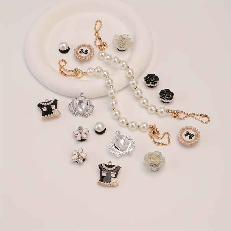 16pcs Rhinestone Pearl Shoe Charm Clog Sandal Buckle Resin Shoe Accessory