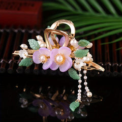 Large Flower Hair Claw Retro Shark Claw Inlaid Faux Pearl Ponytail Holder