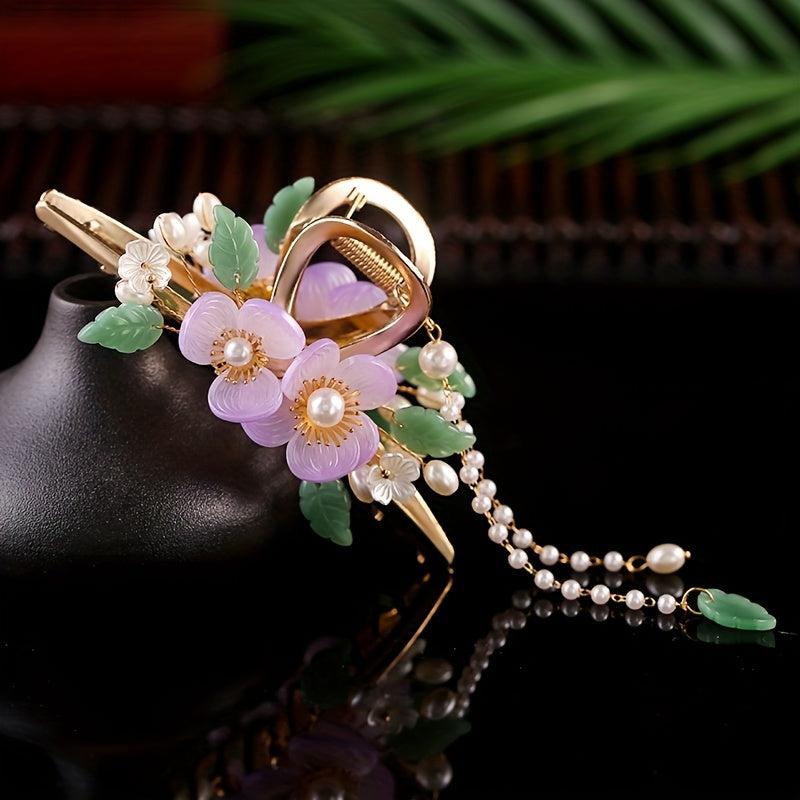 Large Flower Hair Claw Retro Shark Claw Inlaid Faux Pearl Ponytail Holder