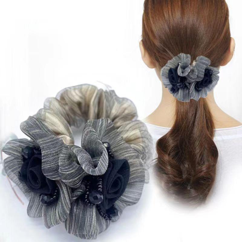 Retro Floral Hair Tie with Rhinestone Mesh Hair Rope