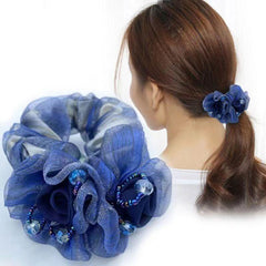 Retro Floral Hair Tie with Rhinestone Mesh Hair Rope