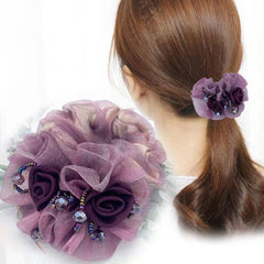 Retro Floral Hair Tie with Rhinestone Mesh Hair Rope