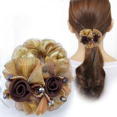 Retro Floral Hair Tie with Rhinestone Mesh Hair Rope
