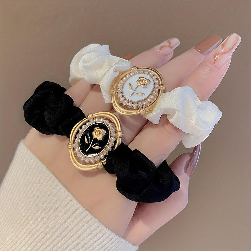Vintage Flower Pearl Hair Scrunchies for Women