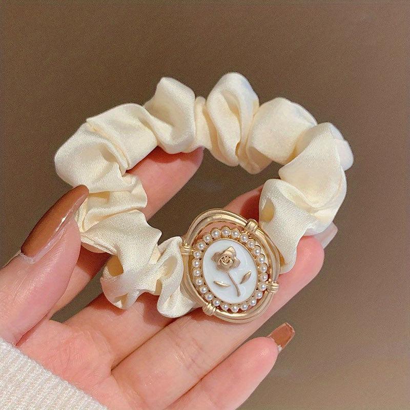 Vintage Flower Pearl Hair Scrunchies for Women