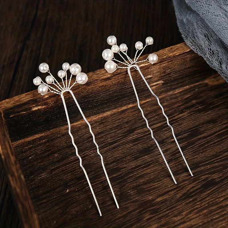 6pcs Faux Pearl Hair Pin U-shaped Hair Fork For Chignon Bun Maker