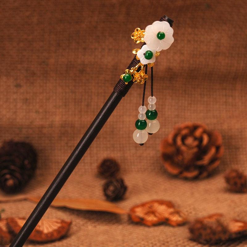 Vintage Chinese Style Hanfu Hairpin Bead Flower Wooden Chignon