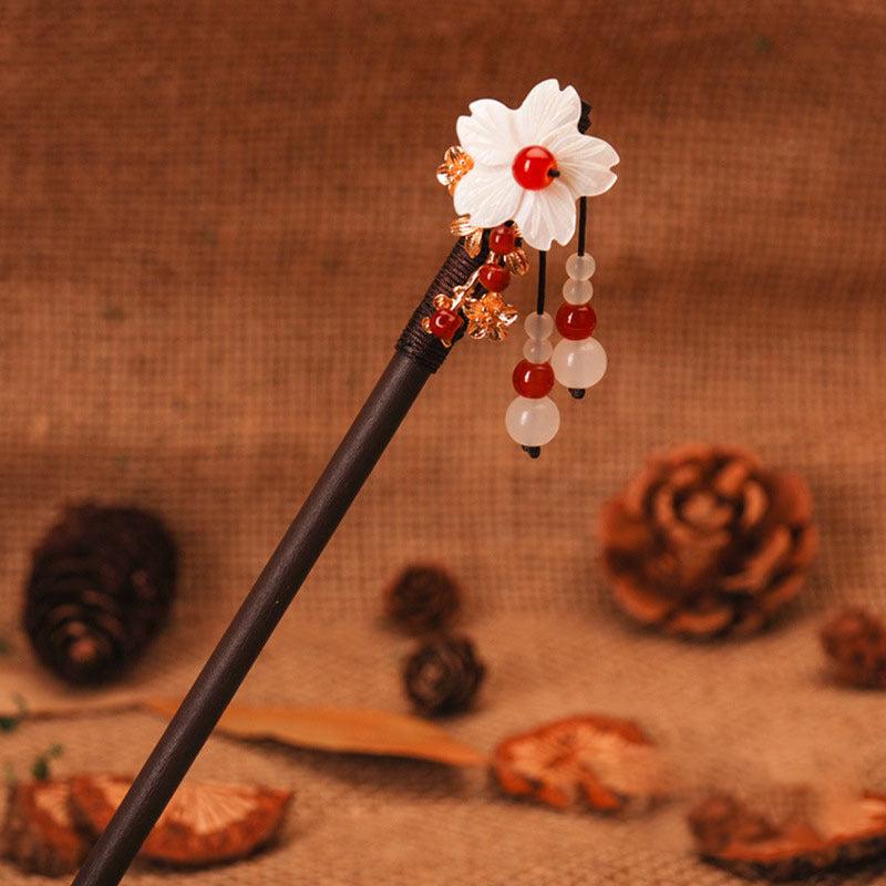 Vintage Chinese Style Hanfu Hairpin Bead Flower Wooden Chignon