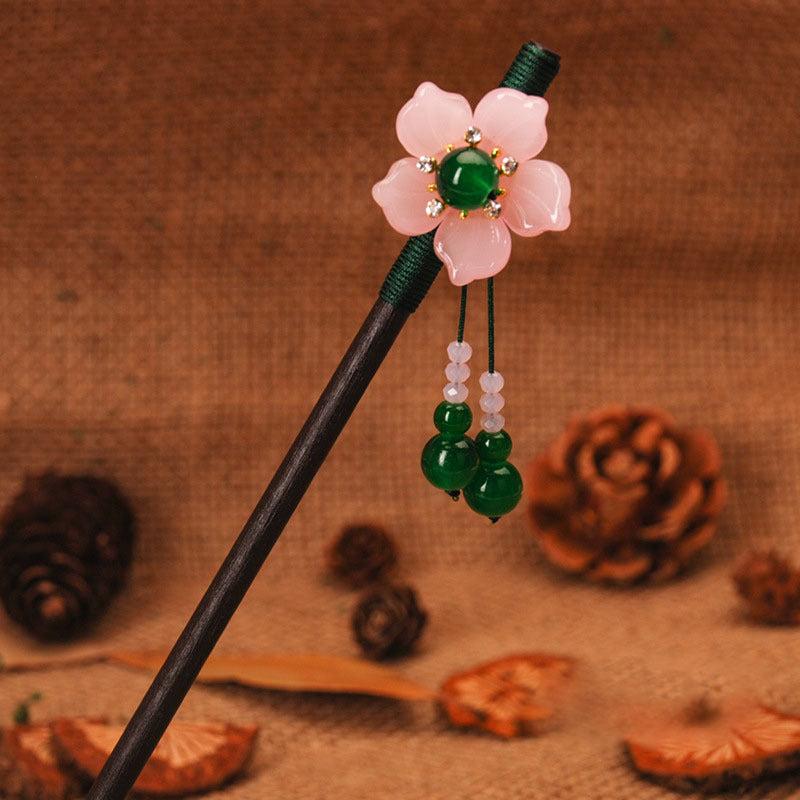 Vintage Chinese Style Hanfu Hairpin Bead Flower Wooden Chignon