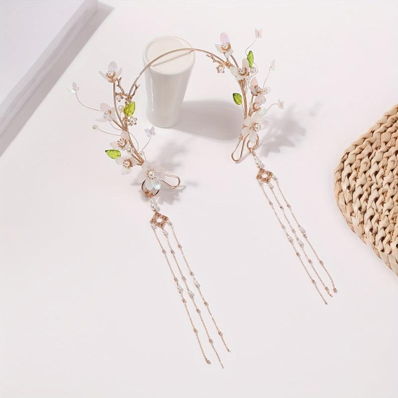 Flower Leaf Headband Beaded Chain Tassel Chinese Style Head Hoop Metal Hair Band