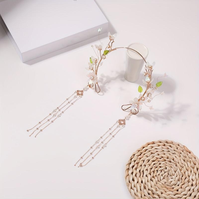 Flower Leaf Headband Beaded Chain Tassel Chinese Style Head Hoop Metal Hair Band