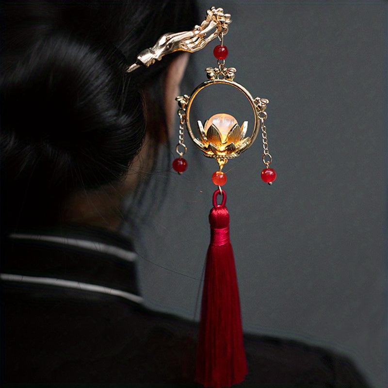 Luminous Lantern Tassel Hair Pin Vintage Bun Holder Headwear Cheongsam Accessory