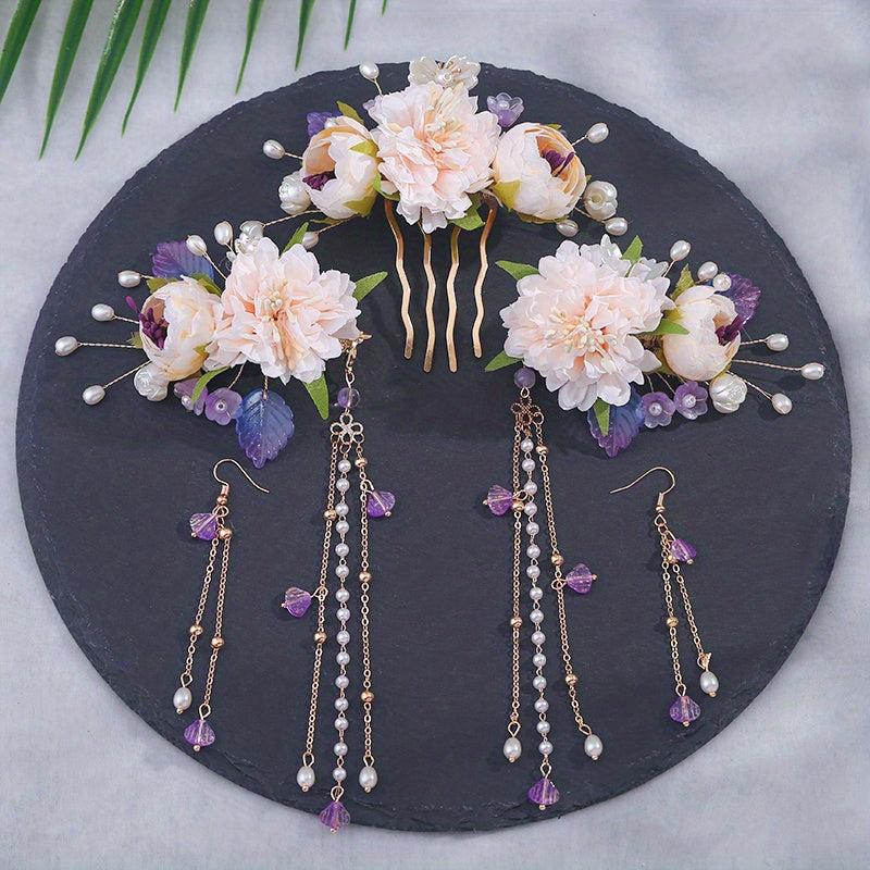 Floral Hair Clip Set Pearl Pendant Accessories