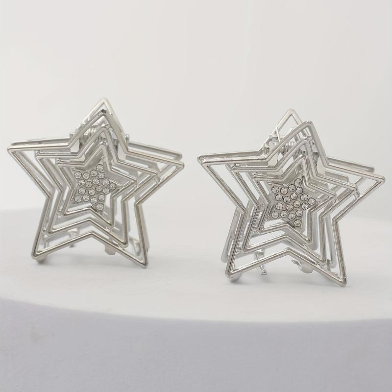 2pcs Silvery Star Shaped Hair Claw Metal Rhinestone Holder
