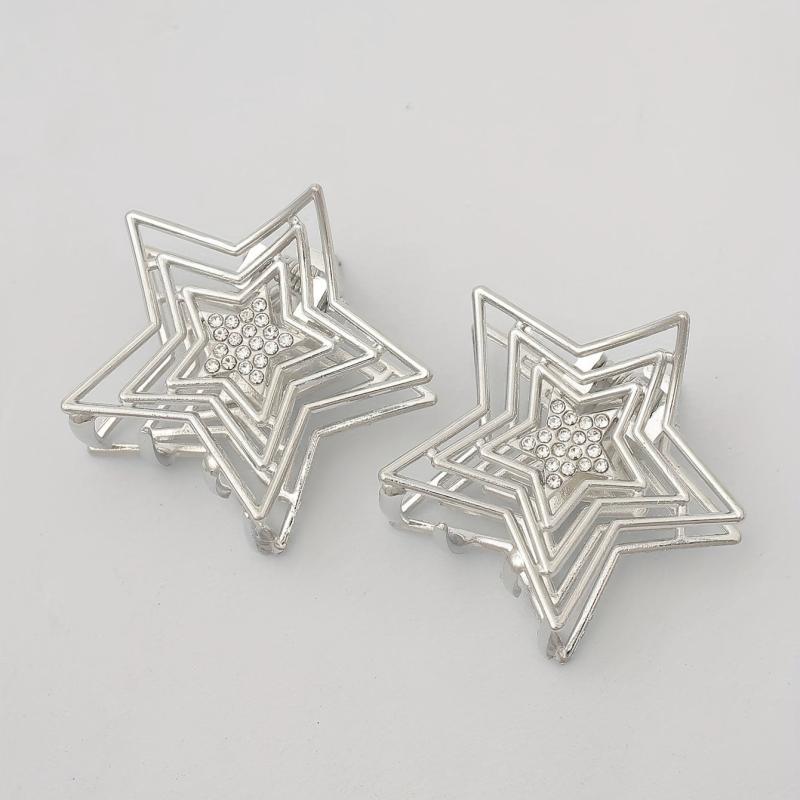 2pcs Silvery Star Shaped Hair Claw Metal Rhinestone Holder