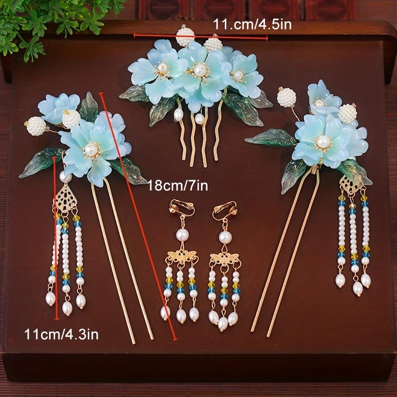 Faux Pearl Flower Hair Comb & Earrings Set