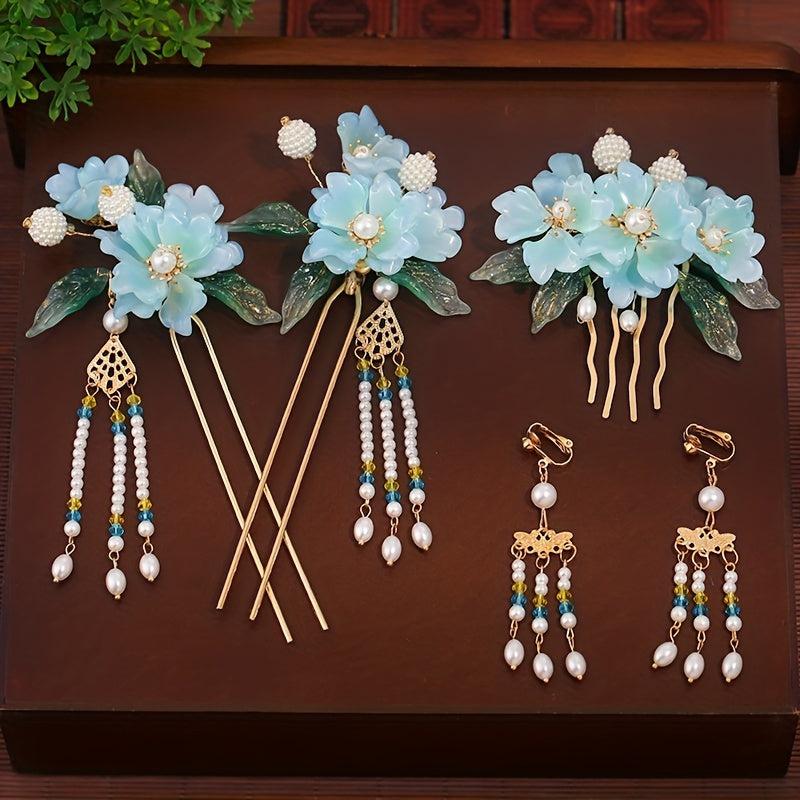 Faux Pearl Flower Hair Comb & Earrings Set