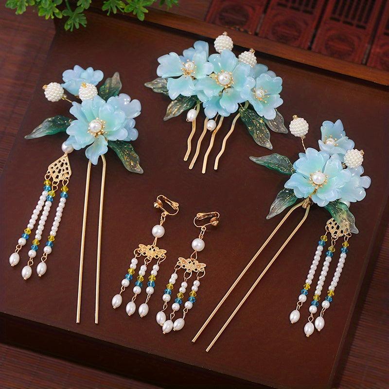 Faux Pearl Flower Hair Comb & Earrings Set