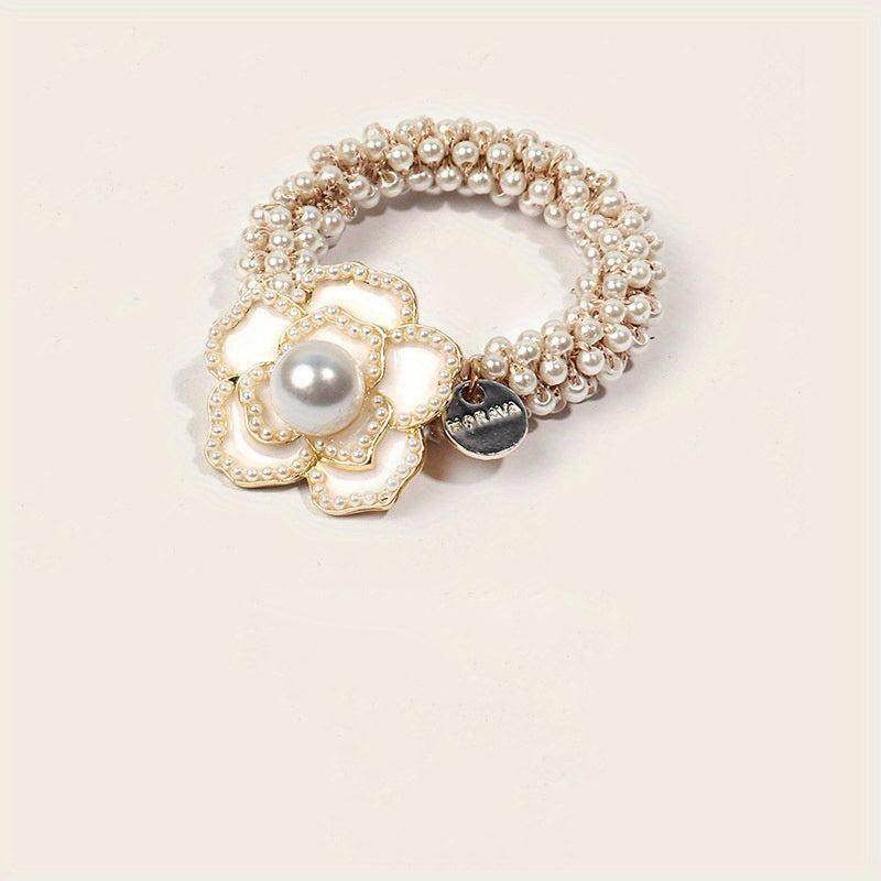 Faux Pearl Hair Tie Camellia Floral Hair Rope for Women Girls