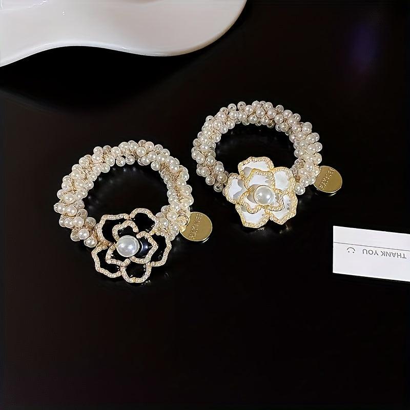Faux Pearl Hair Tie Camellia Floral Hair Rope for Women Girls