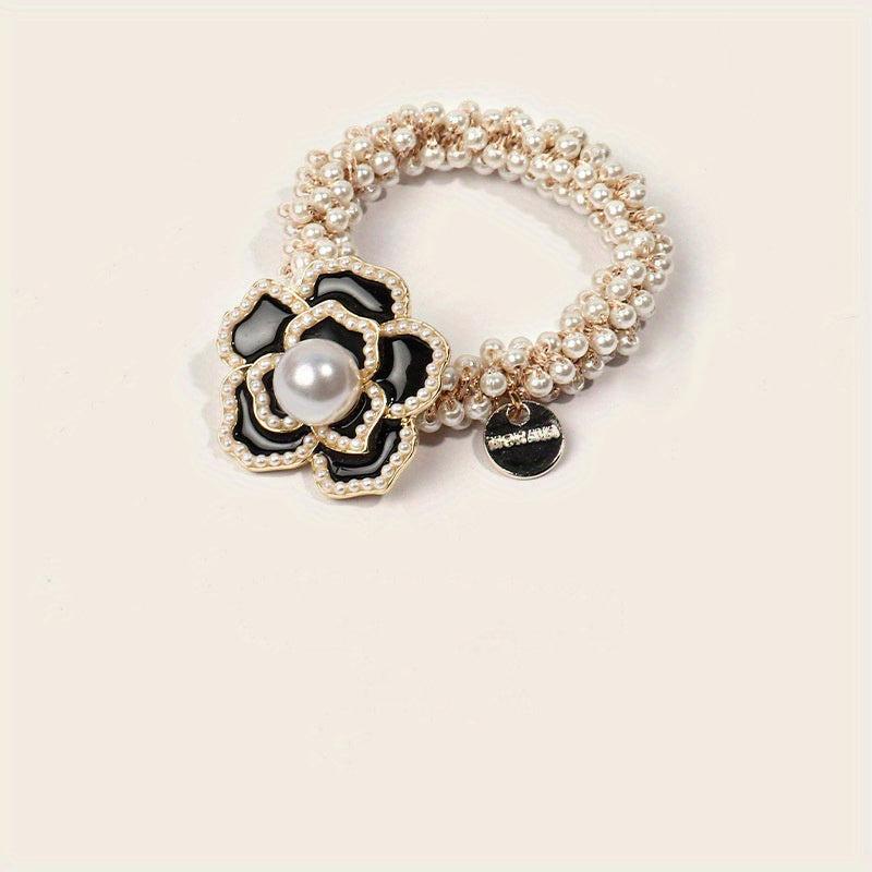 Faux Pearl Hair Tie Camellia Floral Hair Rope for Women Girls