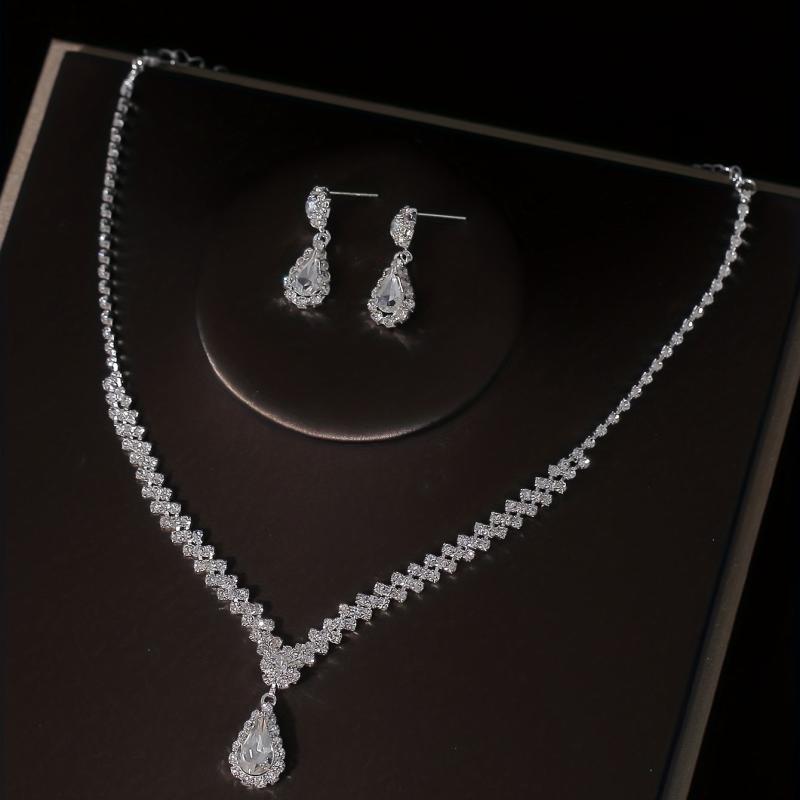 3pcs Crystal Bridal Crown Necklace Earrings Set