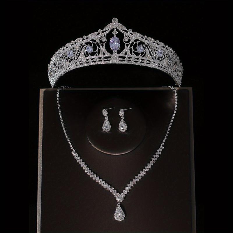 3pcs Crystal Bridal Crown Necklace Earrings Set
