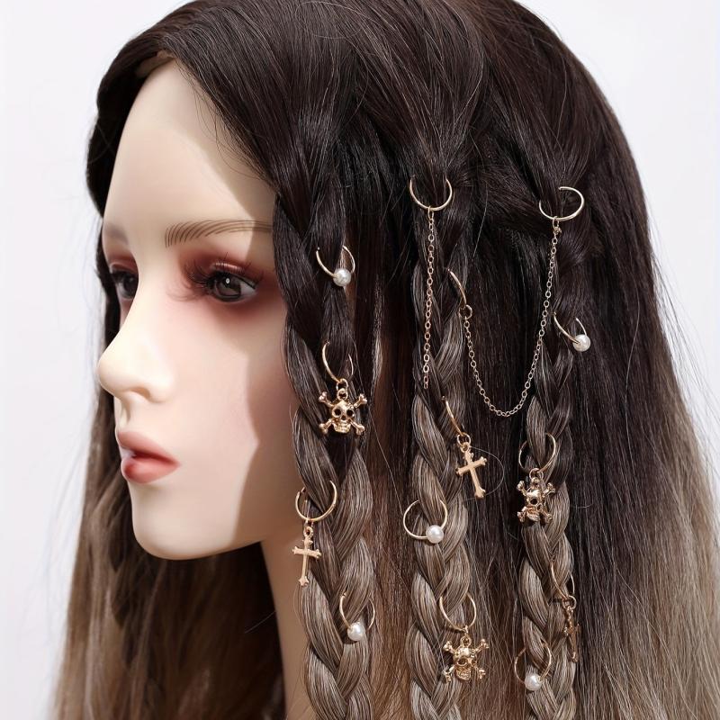 12pcs Braids Hair Ring with Skull Cross Tassel Alloy Dreadlock Ring Style Hair