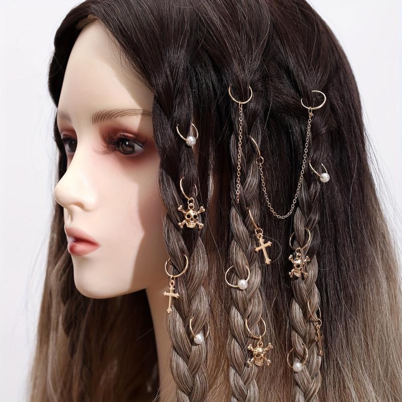 12pcs Braids Hair Ring with Skull Cross Tassel Alloy Dreadlock Ring Style Hair