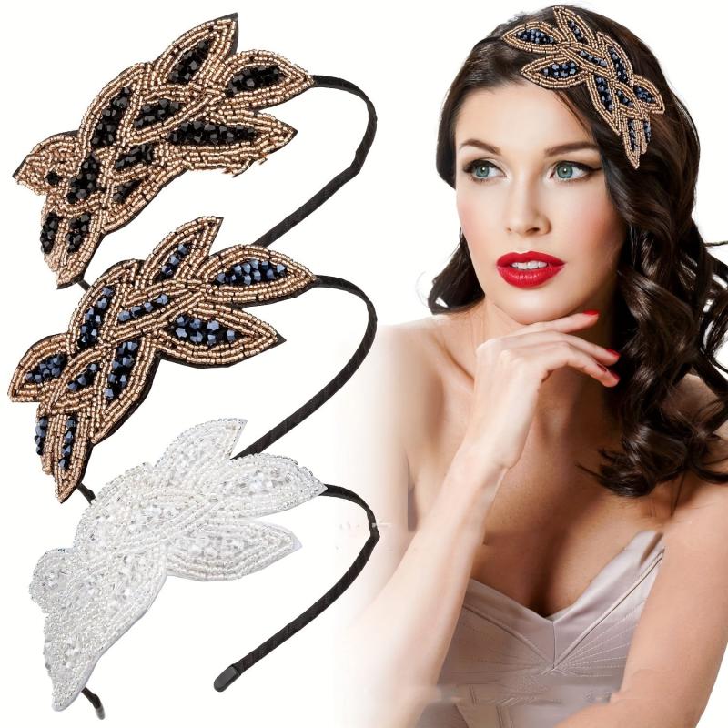 Retro Flapper Headband Rhinestone Hair Accessory Brown Petal Flower