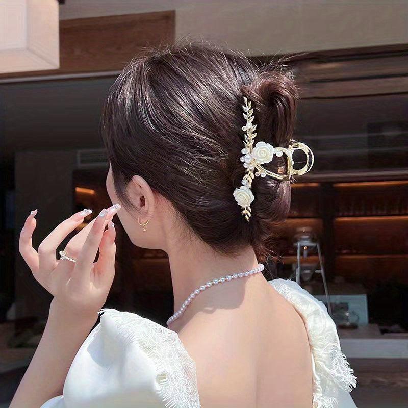 Leaf Shape Metal Hair Claw Rose And Faux Pearl Shark Claw Head Jewelry